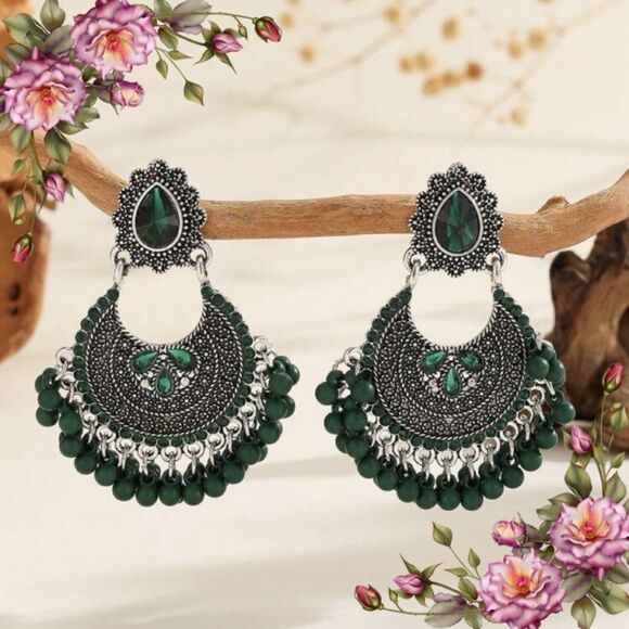 Chand Bali Style Earrings, Rhinestone Boho Earrings With Bell & Tassel Decor - Picture 1 of 9
